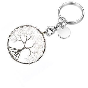 Handmade Tree of Life crystal stone keychain with engravable metal tag on white background