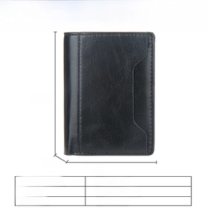 Detailed view of black PU leather card holder showing 10x7x2cm dimensions and texture