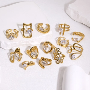 Luxury 18k gold plated stainless steel open ring set with sparkling zircon crystals
