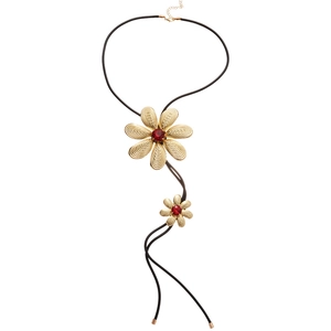 Bohemian double metal flower pendant necklace with red gemstones and black leather cord