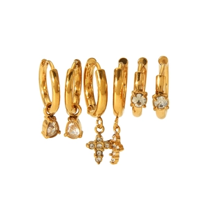 French vintage gold stainless steel hoop earrings set with zircon cross and pear charms