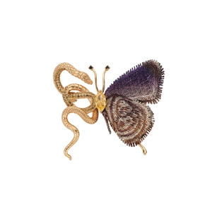 Exotic snake and butterfly brooch with purple fabric wing and yellow gemstone centerpiece