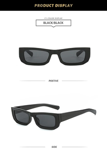 Detailed front and side views of vintage square black sunglasses with thick frames