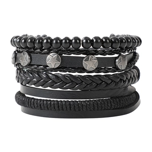 Men's multi-layer leather bracelet set with metallic stars on a clean white background