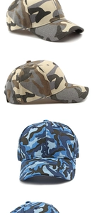 Detail view of desert and blue camouflage baseball caps with premium cotton canvas texture