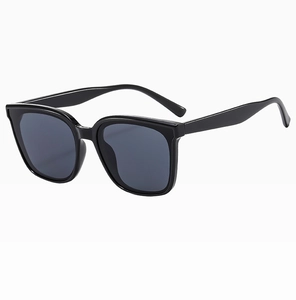 Detail view of glossy black square sunglasses with durable frame and dark lenses