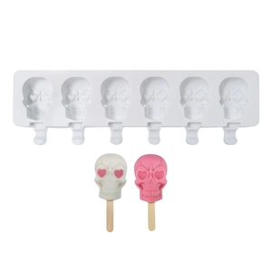 Moule à glace en silicone à 6 cavités en forme de crâne avec bâtonnets pour glaces maison