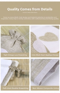 Linen jewelry pouch with heart pattern, drawstring closure and vintage lace detail
