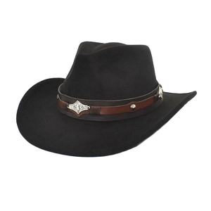 Detail of black felt cowboy hat featuring brown leather band with vintage silver conchos