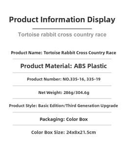 Detailed specifications of the Tortoise and Rabbit race board game made of ABS plastic