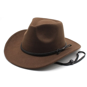 Western Cowboy Hat Wool Felt Wide Brim Jazz Fedora Adjustable Windproof Chin Strap Woven Band Outdoor Travel Men Women