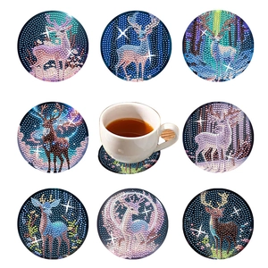 DIY diamond painting coaster set with 8 elk patterns and a metal storage holder
