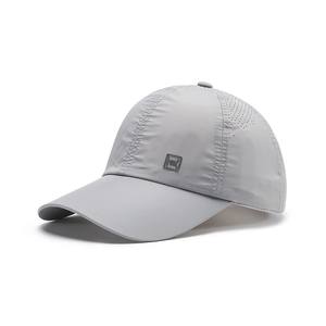 Grey breathable quick-dry baseball cap with laser-cut side vents and curved brim