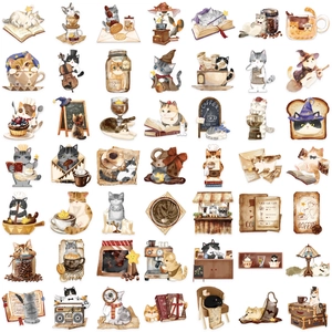 50pcs waterproof clear PET stickers featuring cute magic cat cafe hand-drawn illustrations