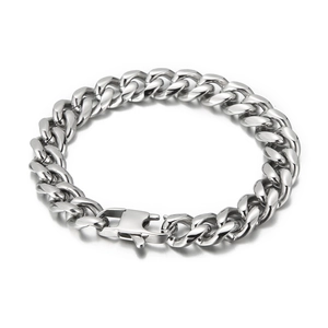 Polished silver stainless steel Cuban chain bracelet with a secure lobster clasp