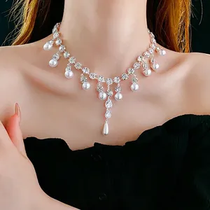 Silver Copper Necklace With Zircon Rhinestone And Water Drop Imitation Artificial Pearl Tassels Elegant Jewelry For Women