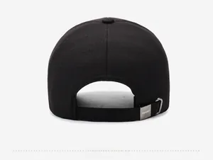 Detail showing adjustable metal buckle and twill cotton texture on back of black cap