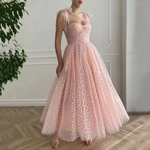 Damen Tüll Midi Abendkleid Mit Irisierenden Herz Pailletten Korsett Top Herz Ausschnitt Schleife Träger Für Abschlussball Hochzeit Party