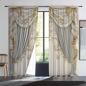 Detailed close-up of European style curtains with luxury gold patterns and ornate valance