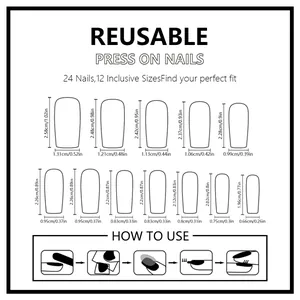 Size guide for square french press-on nails with glitter hearts and 24 piece measurement chart