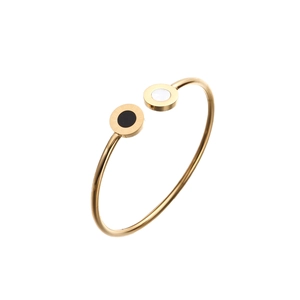 Gold-plated stainless steel evil eye open bangle with Roman numerals and onyx shell inlays