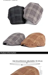 Size guide for retro plaid corduroy flat caps with adjustable 55-59cm circumference