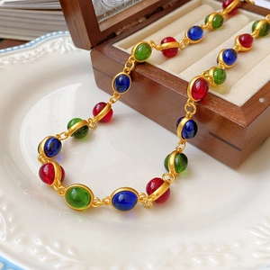 Vintage Colorful Resin Bead Necklace Retro French Style Matte Gold Plated Copper Oval Geometric Jewelry For Women