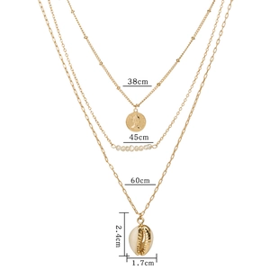 Detailed view of layered necklace set sizes with coin and shell pendants and pearls