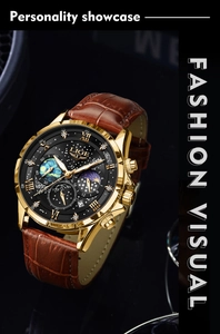 Dettaglio dell'orologio al quarzo di lusso con cinturino in pelle marrone e quadrante lunare