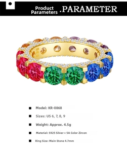 Detail view of S925 silver ring featuring 4.7mm 5A grade multi-color zircon stones