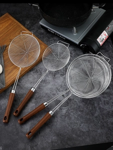 Three-piece stainless steel skimmer set with ergonomic wood-texture heat-resistant handles