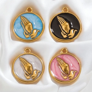 Round Praying Hands Pendants Enamel Stainless Steel 18K Gold Plated DIY Jewelry Making Charms Religious Minimalist