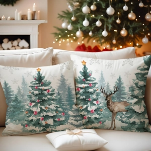 Detailed texture of linen Christmas pillowcases with deer and tree prints on a sofa