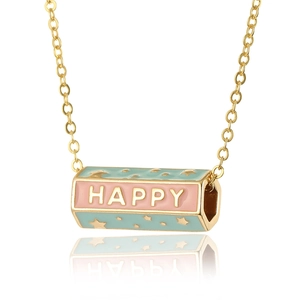 Close-up of hexagonal enamel pendant with Happy text and star pattern on gold chain