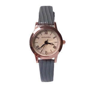 Minimalist Doukou women's watch with rose gold case, grey leather strap and Roman numerals