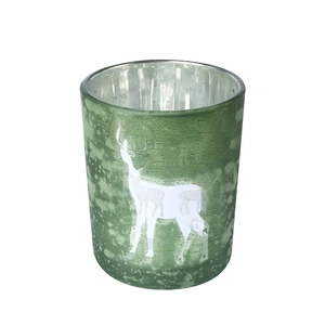 Green frosted glass Christmas reindeer candle holder with silver metallic inner coating