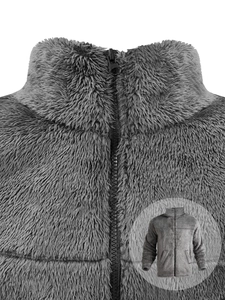 Close-up of gray polar fleece fabric texture and stand-up collar zipper detail