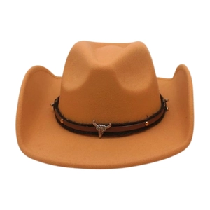 Close-up of a camel felt cowboy hat featuring a silver steer skull and bronze rivet band