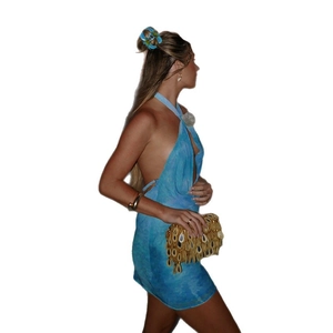 Sexy blue tie-dye halter neck mini dress with backless design for beach vacation style