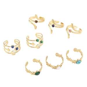 8-piece set of gold adjustable stainless steel rings featuring colorful natural stones