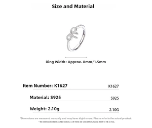 Detailed specs of S925 sterling silver bow ring with zircon pavé and adjustable band