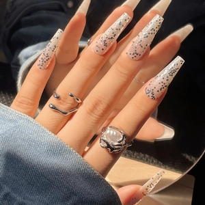 Long Coffin Press On Nails Silver Glitter Gradient Pink Sequins Shiny Artificial False Nails Full Cover Manicure For Women