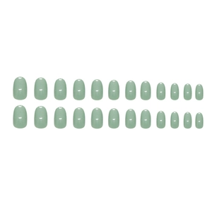 Set of 24 mint green press-on nails in oval shape with glossy finish on white background