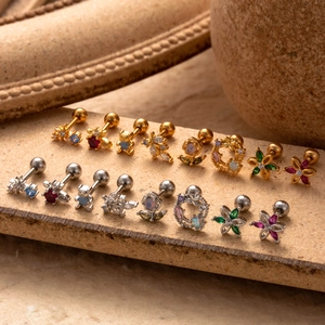 Assorted stainless steel cartilage studs with zircon floral and butterfly designs