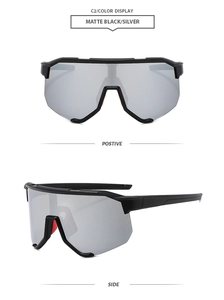 Detailed front and side views of matte black sports sunglasses with silver mirrored lenses