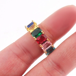 Rainbow cz stones gold plated band ring with colorful square cut crystals for women
