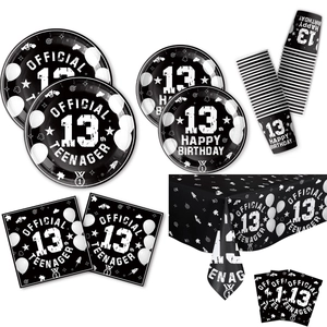 Detailed set of 13th birthday party tableware with black and white teenager themed prints