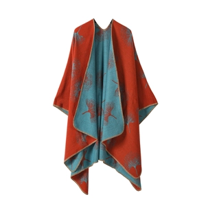 Dual-sided orange and blue ginkgo leaf knit poncho shawl with soft cashmere feel
