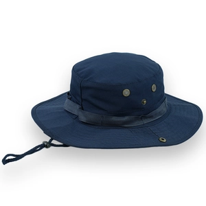 Detail of navy boonie hat with metal ventilation eyelets and adjustable chin strap