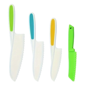 Safety plastic kitchen knife set for kids with colorful non-slip grips, 4 pieces set